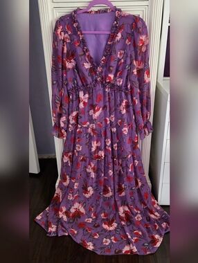 Blencot Purple Floral Maxi Dress with Ruffle V-Neck Size M